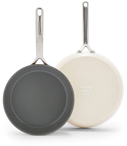 Greenpan GP5 - Juego de 2 sartenes antiadherentes de cerámica anodizada dura de 9.5 y 11 pulgadas, resistente a los arañazos, superficie plana, inducción, mango con acabado espejo, apto para horno,