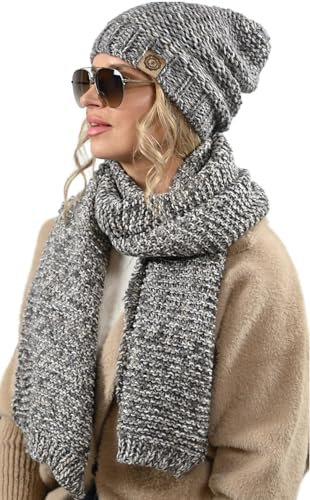 Alur Mütze Damen Beanie mit Schal Set Wintermütze Strickmütze - Warme Elastisch Elegant Winter Mütze Schal Eko - Weiches Garn Stilvoll Universell Warm (WZ9)