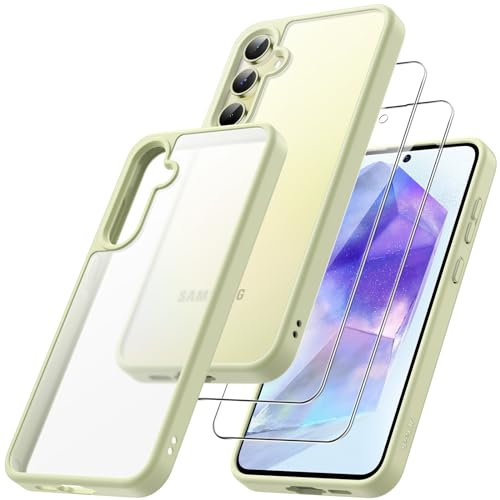 JETech 3 in 1 Cover Opaca per Samsung Galaxy A55 5G con 2 Pezzi Vetro Temperato Pellicola Protettiva, Traslucida Glassata Antiurto Cellulare Custodia con Protezione Fotocamera (Lime)