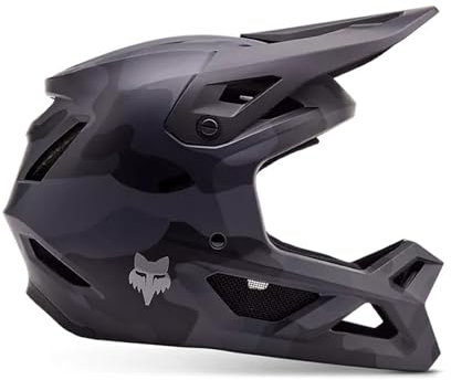 Fox Racing YTH Rampage CAMO CE/CPSC MTB Helm – ABS-Schale – MIPS – 360° Belüftung – verstellbares Visier – GoPro-Halterung – Black Camo, Größe: YS