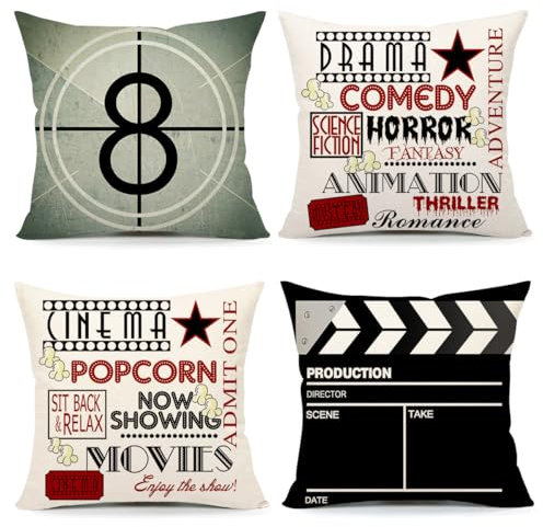 4TH Emotion Kissenbezüge für Heimkino, 4er-Set, 40,6 x 40,6 cm, Vintage-Film-Zimmer-Zubehör, TV-Raumdekoration, Retro-Kino-Kissenbezug für Sofa, Couch