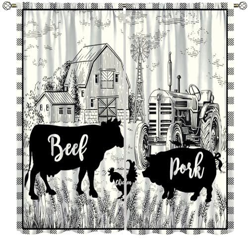 AAVEUP Farm Cow Curtain, Vintage Plaid Country Cottage Tractor Windmill Fun Wildlife Rooster Pig Window Treatments Drapes for Rustic Barn Living Room Farmhouse 42x45in(No Blackout)