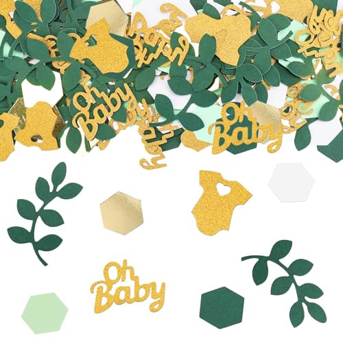 200 Stk Oh Baby Deko Konfetti Gold Grün, Glitzer Babyparty Tischdeko, Gender Reveal Babyparty Party Deko, Streudeko Confetti für Baby Shower Deko, Gender Reveal Party und Geburtstag Party Dekorationen