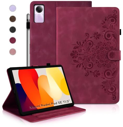 Auslbin Redmi Pad Se Hülle 11 Zoll 2023, Retro Xiaomi Redmi Pad Se Hülle mit geschnitzter Klappe, magnetisches Schnallen Design, Standfunktion, Multi-Kartensteckplatz, Rot