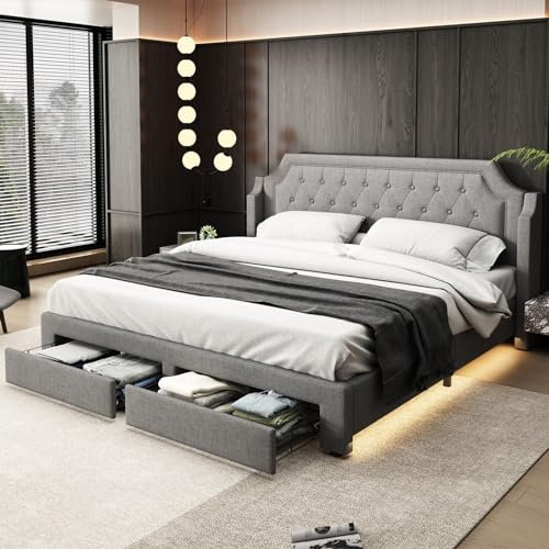 Skcess Polsterbett 180X200 Mit Lattenrost Und Kopfteil, Mit 2 Schubladen, Led-Bett, Jugendbett, Für Erwachsene & Jugendliche, Leinen, Grau