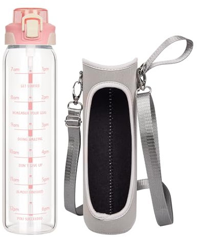 DEARRAY 1l / 1 litre Gourde d'eau en Verre avec Paille et Marqueur de Temps 1000ml Motivation Sport Bouteille en Verre avec Protection en Néoprène