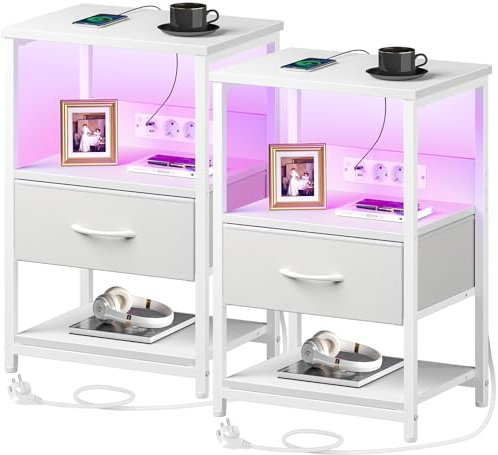 Rolanstar Nachttisch mit LED 2er-Set, Beistelltisch mit Steckdose & Stoffschublade, 3-stufiger Sofatisch mit offenem Regal, perfekt für kleine Räume Schlafzimmer Wohnzimmer, weiß, 40 x 30 x 60 cm