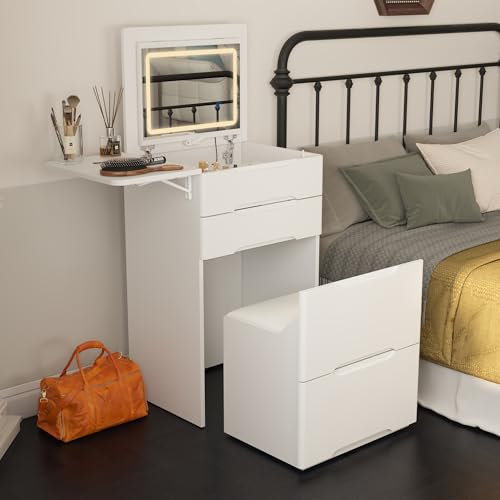 Klappbarer Schminktisch, Flip-Top Schminktisch, kleine Friserkommode, weißer Frisertisch mit 2 Schubladen und 1 Unterputzkasten, Frisiertisch mit Beleuchtung in 3 Farben, 50 ✕ 40 ✕ 82 cm, weiß, MDF
