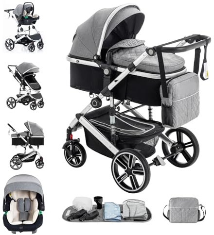 Kakbgee 3-in-1 Buggy Kinderwagen, Reisebuggy Klappbar mit ECE R129 Babyschale, Kinderwagen mit Höhenverstellbarem Griff, Kinderbuggy mit Aluminium-Rahmen, Stroller Baby mit Moskitonetz, für 0-4 Jahr