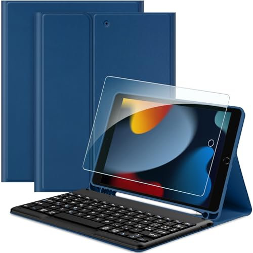 EasyAcc Cover Tastiera Compatibile con iPad 10.2 Pollici 9a/8a/7a Generazione con Pellicola Protettiva, [Italiano], Custodia Protettiva per Tastiera Rimovibile con Portapenne, Blu Oceano
