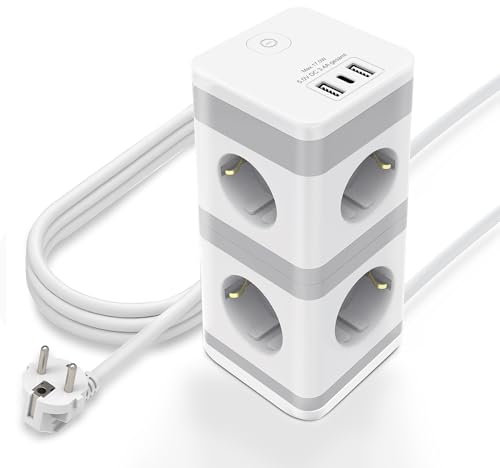 KS Mehrfachsteckdose mit USB, Steckdosenturm 8 Fach Steckdosenleiste mit Schalter 3680W/16A Mehrfachstecker mit USB C und USB A, Steckerleiste 1,5m Verlängerungskabel für Büro