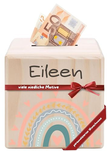 DEschenk Spardose personalisiert aus Holz – Spardose Kinder personalisiert, Sparschwein Baby als Geschenkidee, perfekte Kinderzimmer Dekoration für Jungen und Mädchen (Regenbogen)