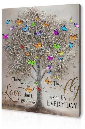 Qiukoo Framed Canvas Wall Art – Memorial Tree and Butterfly Artwork, Waterproof Modern Print with Hook, Wall Decoration for Living Room, Bedroom Pictures for Wall or Prints for Walls – 12x16 Inch