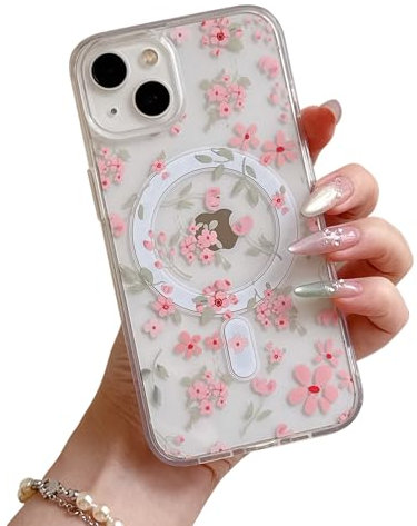 QLTYPRI Magnetic for iPhone 14 Plus/15 Plus Case Compatible with Magsafe, Cute Floral Flower Aesthetic Phone Case Slim Clear Anti-Yellowing Shockproof Phone Cover for Girls Women - Pink