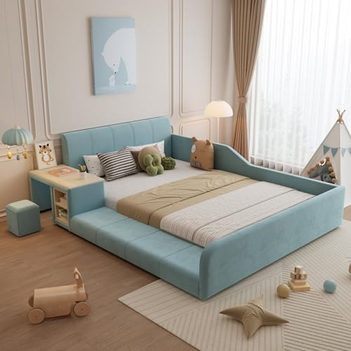 Arhatreya Polsterbett 140x200 cm, Kinderbett mit Schreibtisch | Ohne Matratze, Jugendbett mit Holzlatten, Bett für Kinder Mädchen Jugendliche Samt, Blau