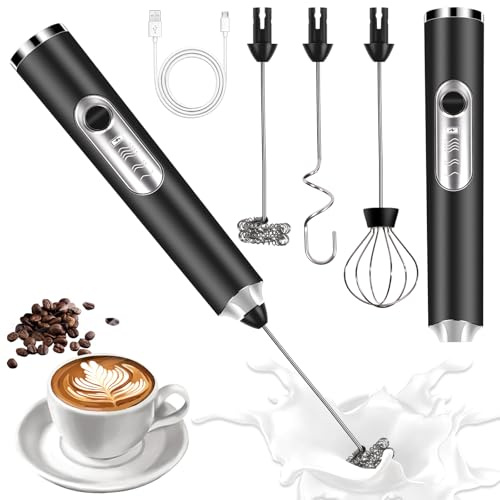 BARAKYEG Espumador de Leche Eléctrico de Mano,Espumadera leche,Milk Frother,3 velocidades ajustable espumadera de leche,3 Varillas Acero Inoxidable,Mini Batidora Portatil para Capuchino,Café,Té Matcha