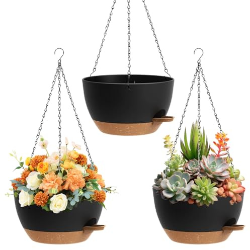 Lot de 3 Pots Suspendus pour Plantes d'Intérieur, 25 cm Jardinières Suspendues avec Soucoupe et Trous de Drainage, Pots de Fleurs Suspendus pour Balcon, Salon, Jardin, Intérieur et Extérieur, Noir