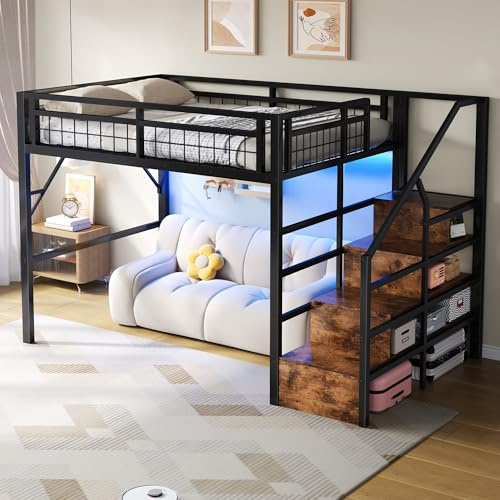 Idemon Hochbett, 140 x 200 cm, Eisenrahmen, mit LED-Lichtleiste, Treppenkonstruktionen mit Stauraum, Freier Raum zum Verkleiden nach, Ohne Matratze, Weiß (Schwarz)