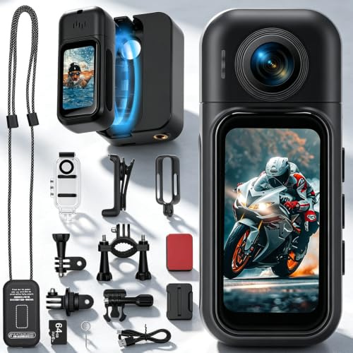 180° Action Cam Touchscreen 8h Akku wasserdicht 30m 120° 64GB | 1,47 Touchdisplay, 1080P, 120° Weitwinkel, EIS, 8h Ladecase, 30m wasserdicht, 10+ Zubehör, Magnet-Halshalterung