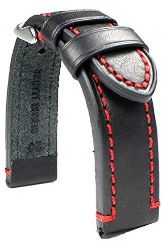 Sulla 20mm Herren Leder Uhrenarmband Catalonia Pilotband Schwarz rote Naht
