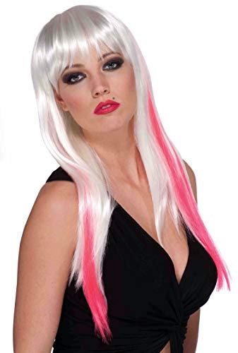 Forum Long White and Neon Pink Adult Punk Rock Costume Wig with Bangs One Size