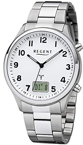 Regent Herren Funk Armbanduhr aus Edelstahl in der Farbe Silber-Weiß 39mm Analog Digital, Wasserdichtigkeit: 5Bar, 11030183