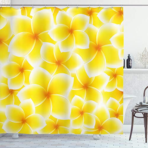 ABAKUHAUS Blumen Duschvorhang, Plumeria Blüten, Stoffliches Gewebe Badezimmerdekorationsset mit Haken, 175 x 240 cm, Gelb und Weiß