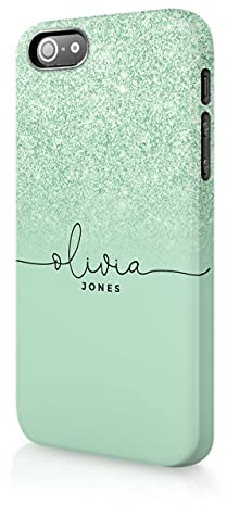 Tirita Personalised Initials Custom Hard Phone Case Compatible with iPhone 5 / 5s / SE 2016 PRINTED GLITTER, NOT REAL GLITTER Ombre Sequins Effect Pale Mint Green
