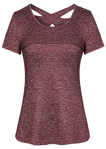 Sykooria Sportshirt Damen Kurzarm Sommer Sport T-Shirts Leichte Atmungsaktiv Funktionsshirt Fitness Oberteile Frauen Rundhals Yoga Tops, Weinrot M