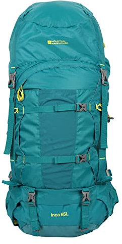 Mountain Warehouse Inca Extreme 65-l-Rucksack - robuster Ripstop-Rucksack, Brust-/Hüftriemen, Regenschutz - 77,5 cm x 34 cm x 25 cm - Für Festivals, Camping, Herbst Dunkelblaugrün Frauenpassform