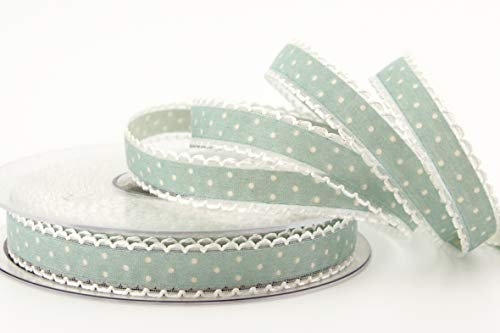 finemark 20 m x 15 mm Dekoband Emily Mint gepunktet mit Spitze am Rand Schleifenband Band zum nähen dekorieren Geschenkband Vintage Landhaus