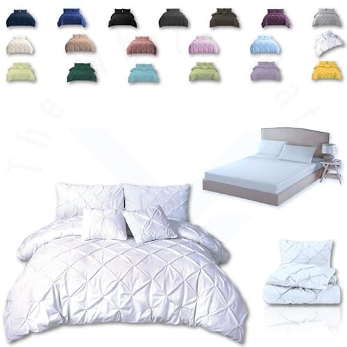TheWhiteWater Duvet Set - 2/3 in 1 Bedding Set - Duvet Cover + Matching Pillowcases + Fitted Bed Sheets - NPolycotton Pintuck Cover (White, 3 in 1 Bedding Set - Super King)