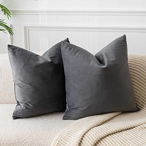 JUSPURBET Dunkelgrau Samt-Kissenbezüge 45cmx45cm 2er-Set für Wohnzimmer Couch Sofa Schlafzimmer Dekorative Quadratische Feste Weiche Kissenhüllen mit unsichtbarem Reißverschluss