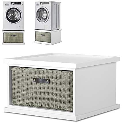Tetbury white washing machine stand with storage basket. White laundry pedestal stand with drawer. Fully Assembled