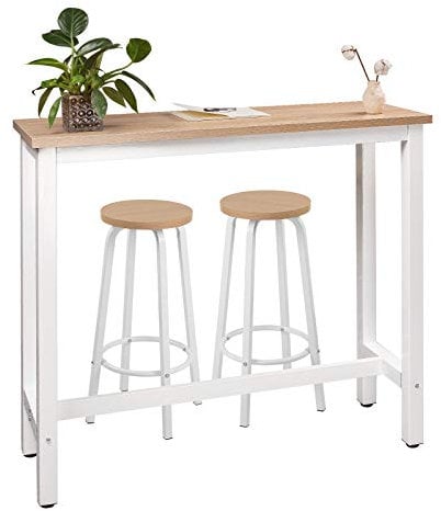 WOLTU Bartisch Set mit 2 Barhockern, Stehtisch & Barstuhl mit Metallgestell, Esstisch aus Holz für Bar Küche Wohnzimmer, Bistrotisch Bartheke Tresentisch, 120x40x100cm, Hell Eiche + Weiß