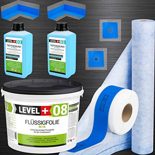 SET330 Kit d'étanchéité 12 kg de film liquide, bande d'étanchéité de 2 m, bande d'étanchéité de 10 m, 2 coins intérieurs, 2 manchettes murales, fond de 2 l de profondeur, douche, salle de bain,