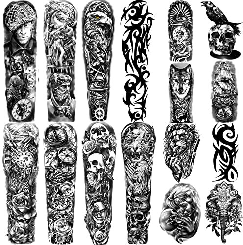 Tatouages Temporaires Imperméables Bras Complet 8 Feuilles et demi-bras Faux Tatouages 8 feuilles, Autocollants de Tatouage Extra-larges pour Hommes et Femmes ou Adultes (58X18cm)