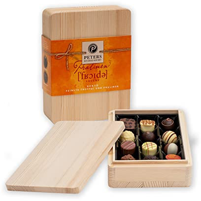 Peters Mit Genuss verführt | Bento Freude aus Holz | Pralinen | Mit Alkohol | Hochwertige Pralinés | Köstlich | Geschenk | Schokolade | Geschenkidee | Made in Germany | 150g