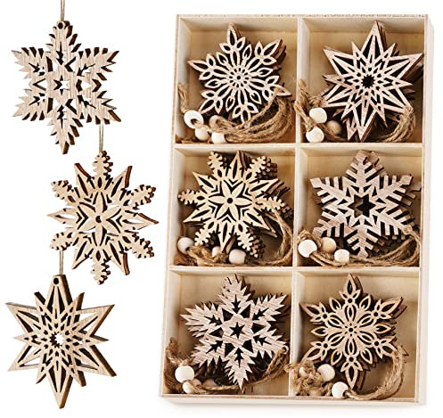 HOUISM 24 Stück Weihnachtsbaumschmuck Holz Schneeflocken Anhänger, Christbaumschmuck Weihnachts-Anhänger Hängeornamente Retro Verzierung Deko
