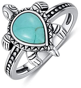 BETHZA Schildkrötenring, 925er Sterlingsilber, echter Türkis/Larimar/Jade-Ring, Schildkröten-Design, Meeresschildkröte, Geschenke für Frauen, Mädchen, beste Freundin, 6, Türkis, Türkis, 6, Türkis,