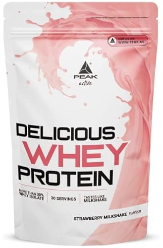 PEAK Delicious Whey Protein - 900g Geschmack Strawberry Milkshake I 30 Portionen I Pulver I Proteinquelle: Molkenprotein Konzentrat + Isolat I ohne Zuckerzusatz I mit Verdauungsenzym Laktase