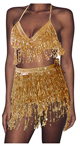 Damen Bauchtanz Kostüm Quaste Pailletten Rock Set, sexy Pailletten Tanz Set Neckholder Oberteil Hüfttuch Rock Kostüm Anzüge, Fransenrock Club Latin Indian Belly Dance Rave Hüftrock (Gold, One Size)