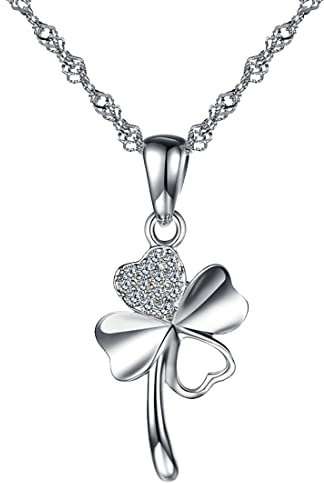 Damen Halskette aus Sterling Silber 925, Kette mit Kleeblatt Anhänger, Glücksbringer, mit Zirkonen,925 Sterling Silber Zirkonia Vierblättriges Kleeblatt Anhänger Halskette Kette mit Anhänger für Damen