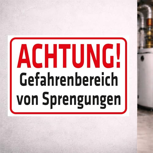 INDIGOS UG - Aufkleber Achtung Gefahrenbereich von Sprengungen - 300x200 mm - Hinweisschild Warnschild Sicherheitsschild - Sticker - für Innen und Außen