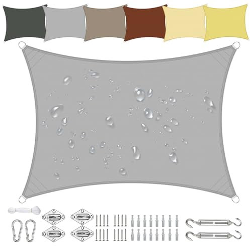 Sichtschutz Sonnensegel Wasserdicht Rechteckig 4x6m aus PES-Polyester 95% UV-Schutz Witterungsbeständig Reißfest in Vielen Größen und Farben mit Befestigungsset für Terrasse Garten Balkon-Hellgrau