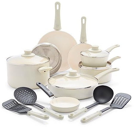 GreenLife Batterie de cuisine 16 pièces Soft Grip en céramique non toxique sans PFAS, antiadhésive, frire, sauce, ustensiles, couvercles en verre, poignées qui restent froides, sans oscillation, passe