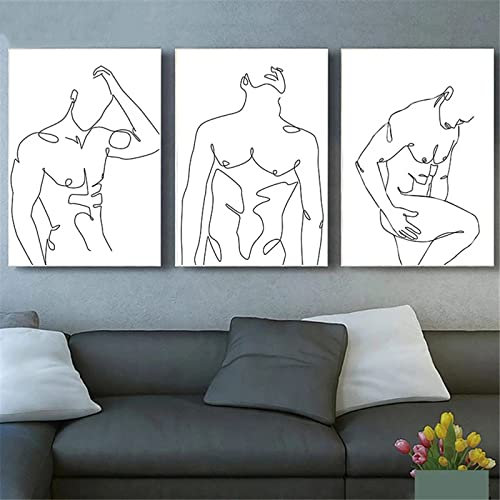 BROLEO Männliche Figur Leinwand Malerei Mann Akt Poster Druck Strichzeichnung Körper Abstrakte Wandkunst Drucke Minimalistisches Bild Schlafzimmer Dekor/Kein Rahmen-40x60cmx3P