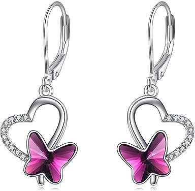 AOBOCO Schmetterling Ohrringe Damen 925 Sterling Silber Leverback Herz Ohrringe Baumeln Tropfen mit Lila Kristall aus Österreich Geburtstags Geschenke für Frauen Mädchen Frau Tochter Freundin