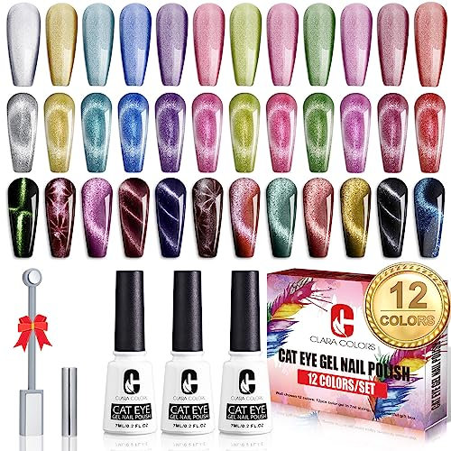Clara Colors Cat Eye Gel Polish Set of 12 Colors Magnetic Gel Nail Polish Set Holographic Glitter Cat Eye Gel Polish Set with 2 Magnet Stick for Home DIY Soak Off UV LED Manicure Nail Salon