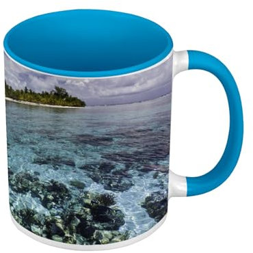 Mug de Couleur Qualité Premium Bleu - Mer Turquoise Paradie Coquillages Plages Ile - Tasse avec anse et intérieur de couleur